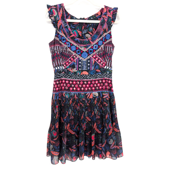 Saloni Elodie C Garnet Bandhani Silk Dress Size 6 A Line Ruffle Boho Glam Luxe - Picture 2 of 15